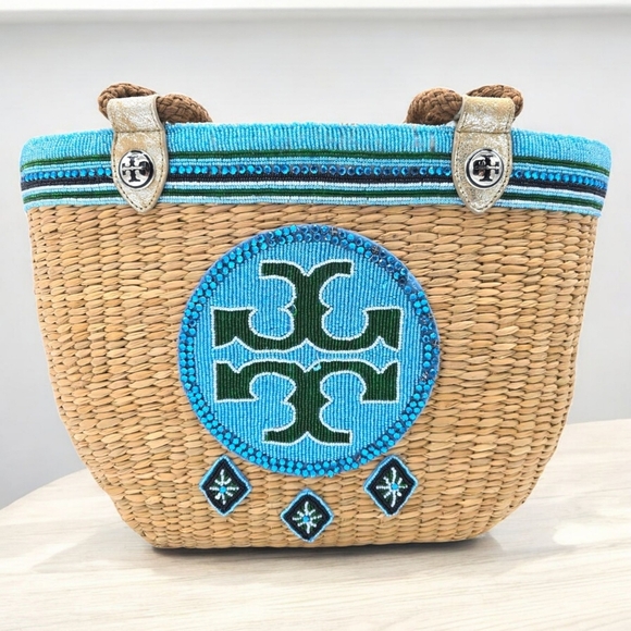 🆕 Tory Burch Special Edition Ella Straw Tote Beaded Logo Lining & Drawstring - Picture 16 of 17